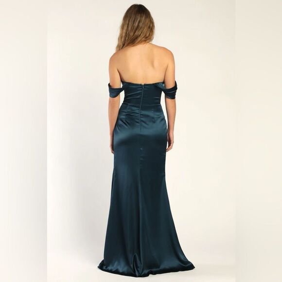 Lulus Stunning Arrival Dark Teal Satin Off-The-Shoulder Maxi Dress Sz. Large NEW - Picture 14 of 16